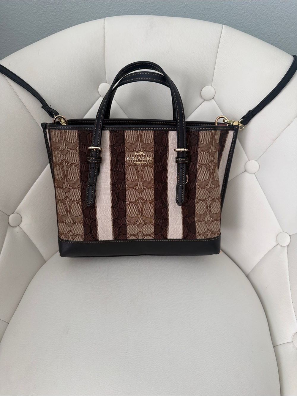 COACH Mollie Tote 25 In Signature Jacquard With Stripes Bag Brown Black READ - Picture 4 of 17